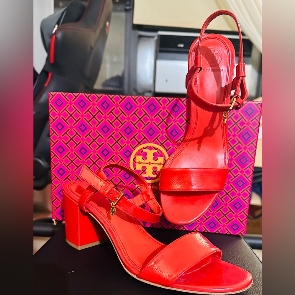 Tory Burch LAUREL 65MM ANKLE-STRAP SANDAL- Size 9.5 Red (Poppy Orange) Color